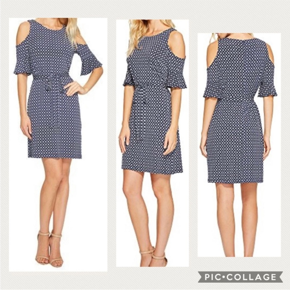 Donna Morgan Elegant Navy Belted Cold Shoulder Shift Dress size 8